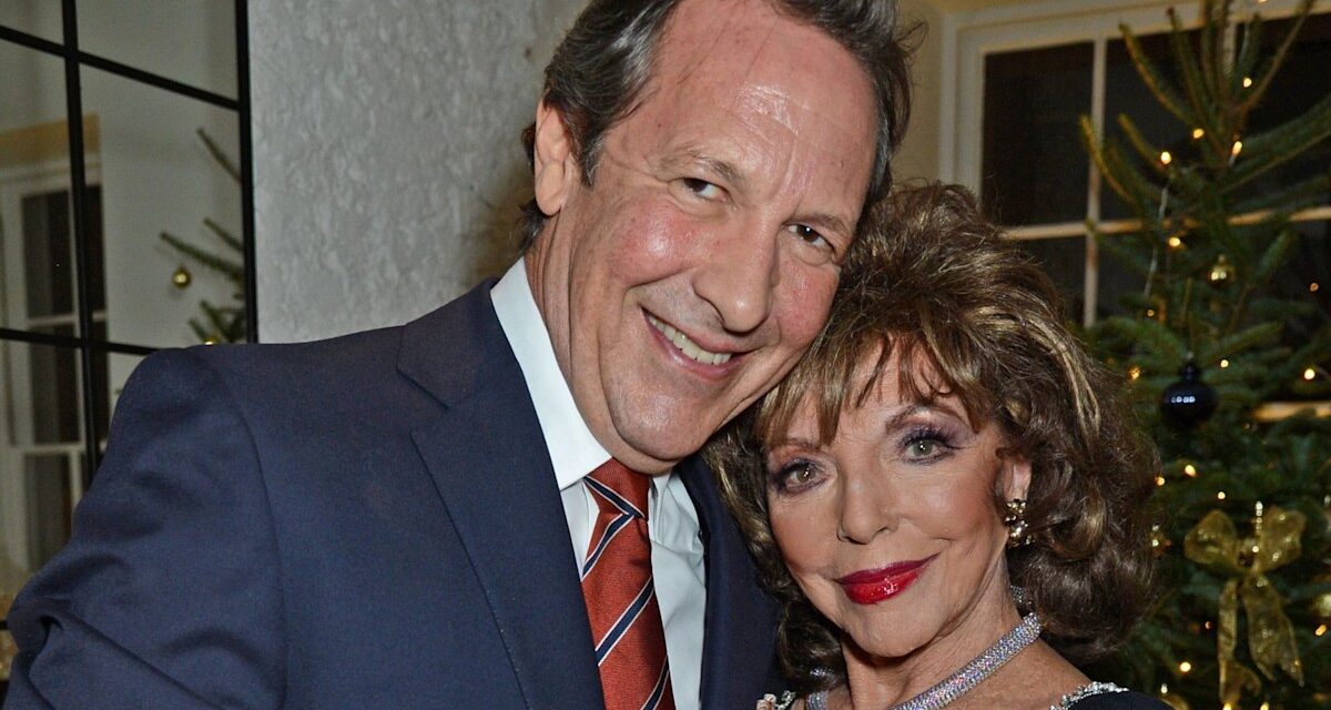 Joan Collins est glamour dans une robe portefeuille à col en V et des diamants dégoulinants pour un rendez-vous amoureux