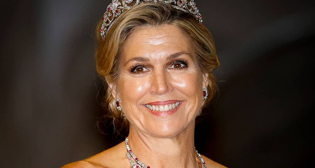 La reine Maxima est une vraie Barbie vêtue d&rsquo;une robe bustier rose vif et d&rsquo;un diadème oublié depuis longtemps