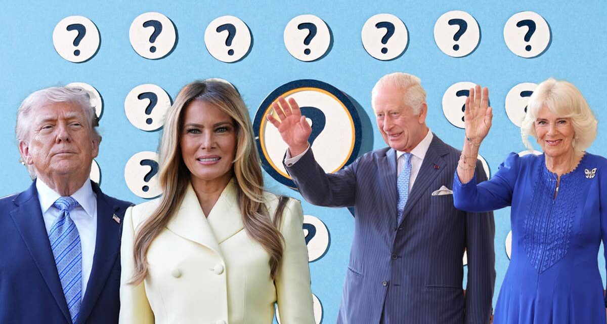 Le roi Charles, la reine Camilla, Donald et Melania Trump saluant depuis la Maison Blanche